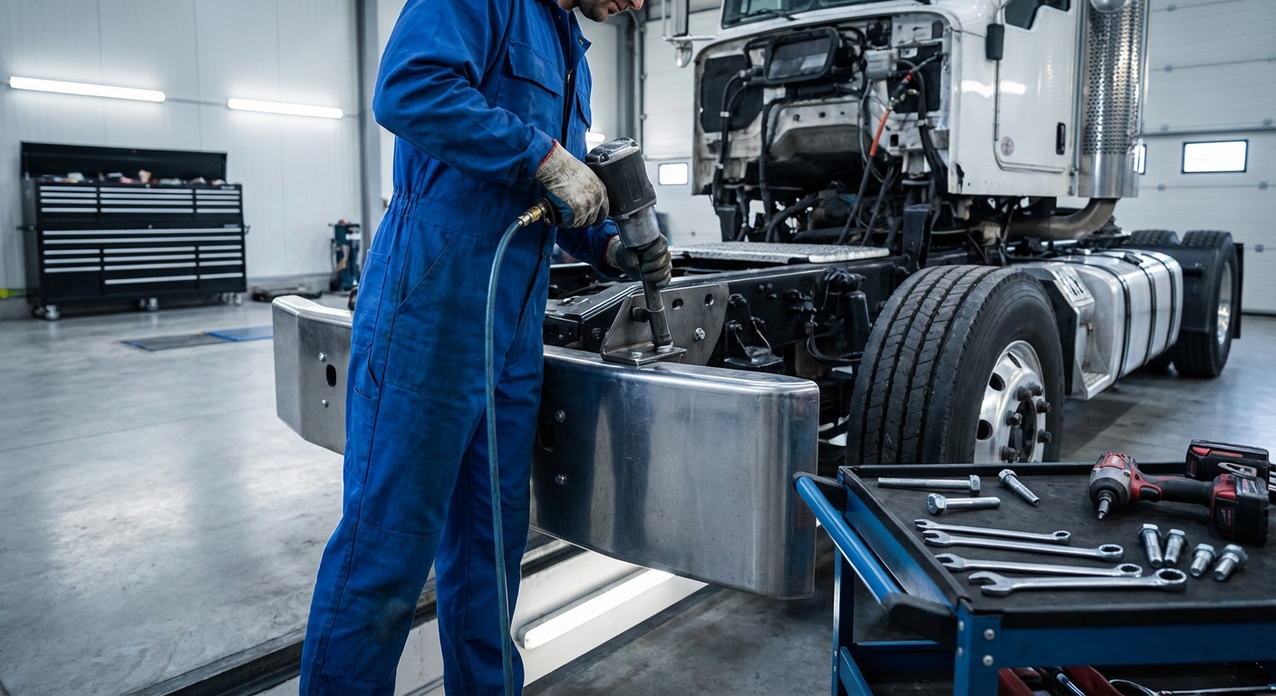 mechanic semi truck bumper installation