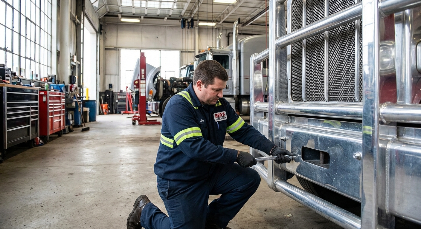mechanic semi truck grille inspection