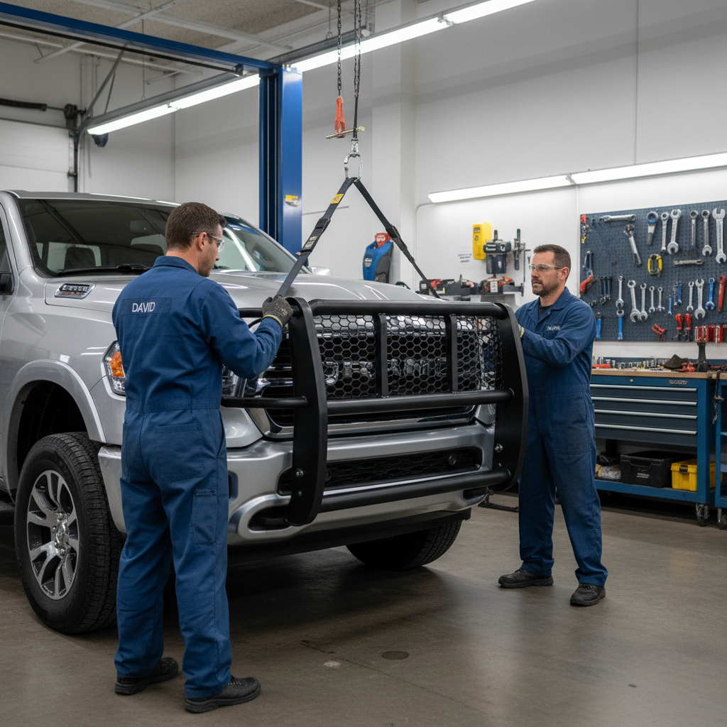Mechanics installing grille guard