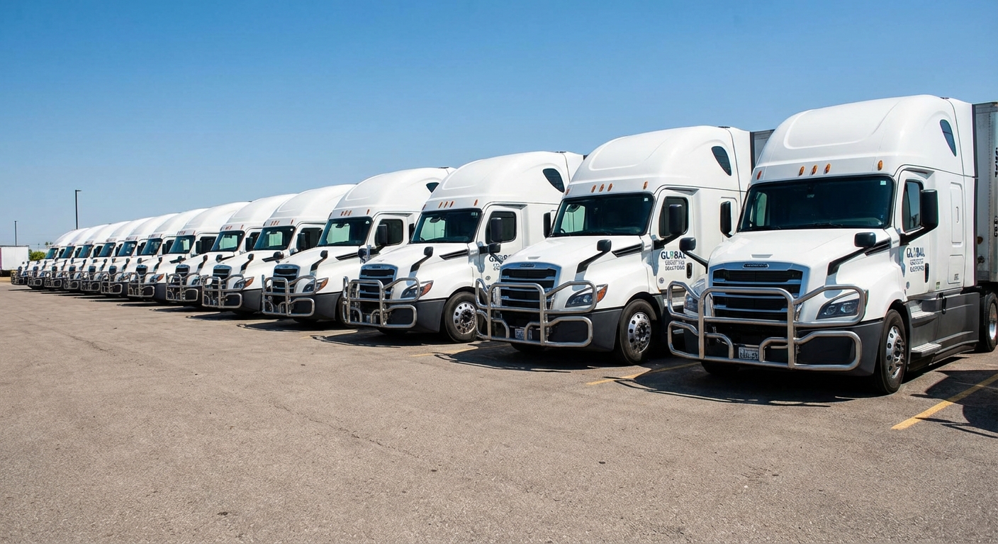 Line of fleet trucks with grille guards