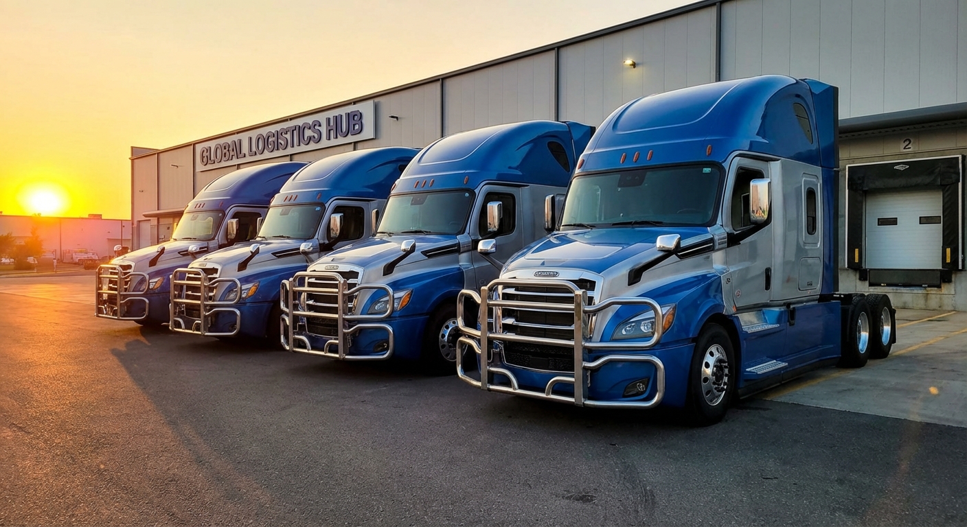 A row of modern semi trucks equipped with high-strength front-end guards