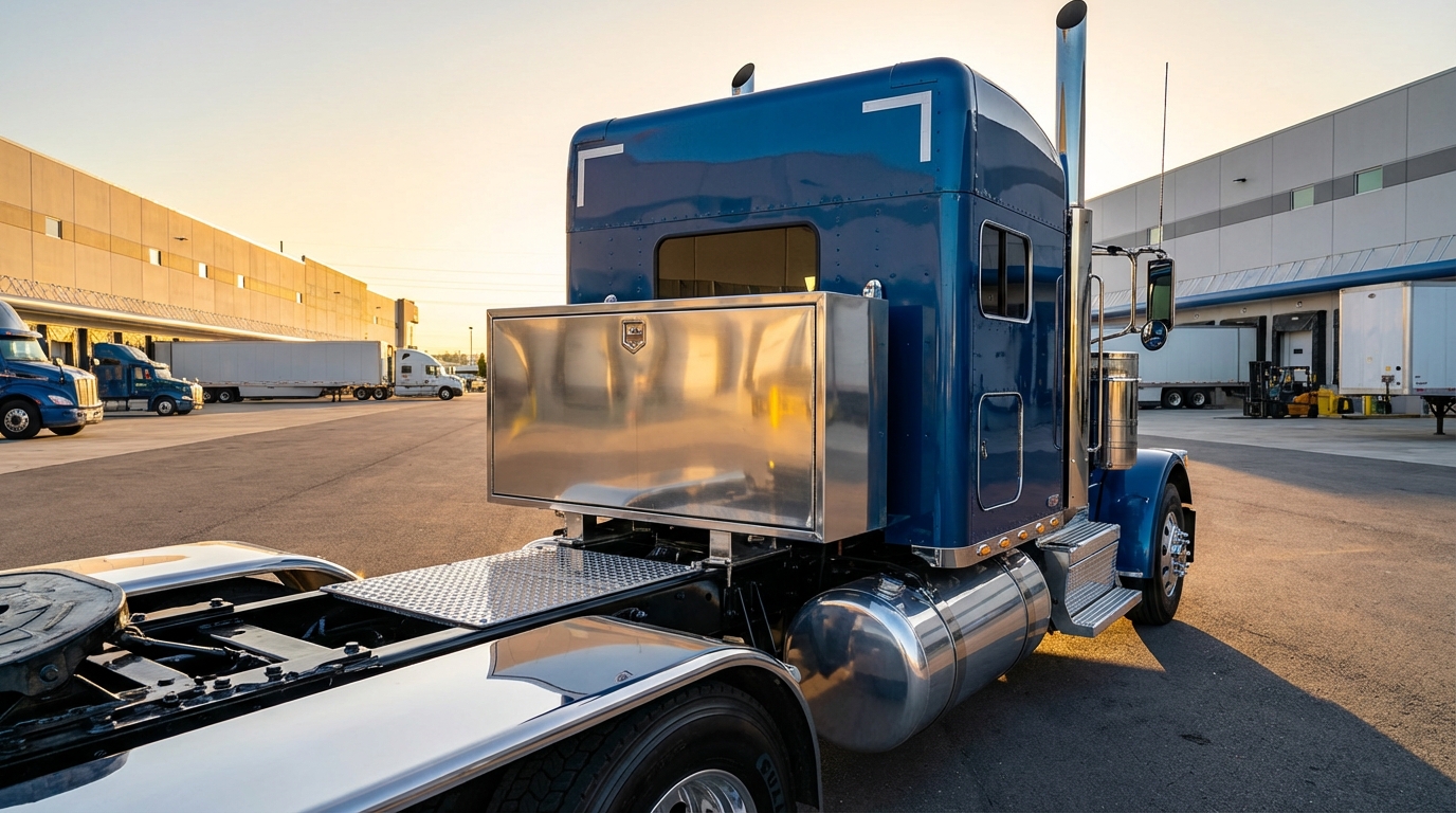 aluminum semi truck tool box mounted on a Class 8 semi truck frame beside a polished fuel tank