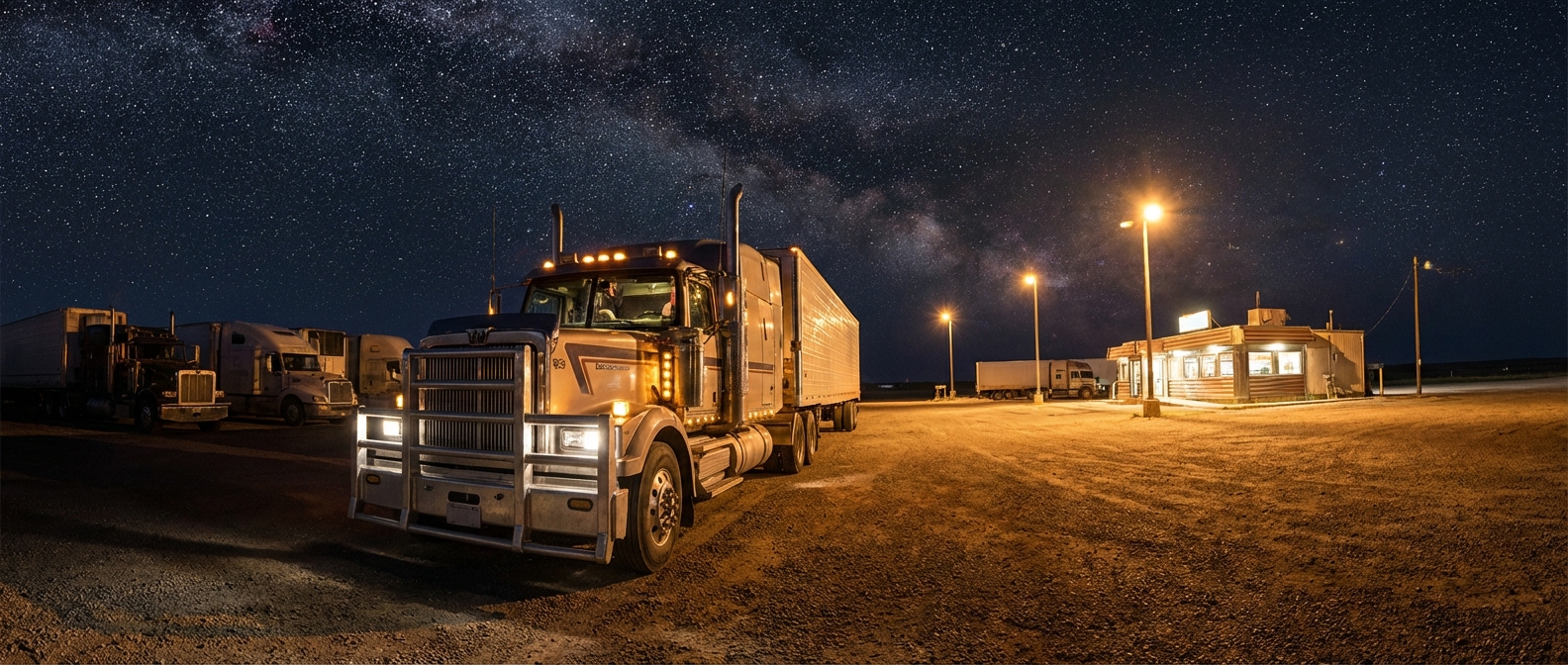 photorealistic semi truck night scene