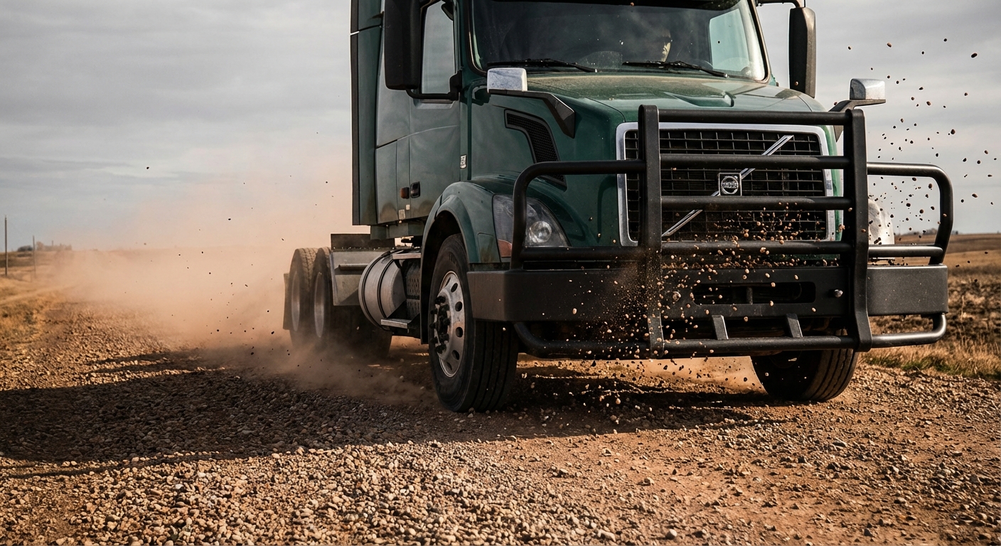 Semi truck driving on a gravel highway with debris