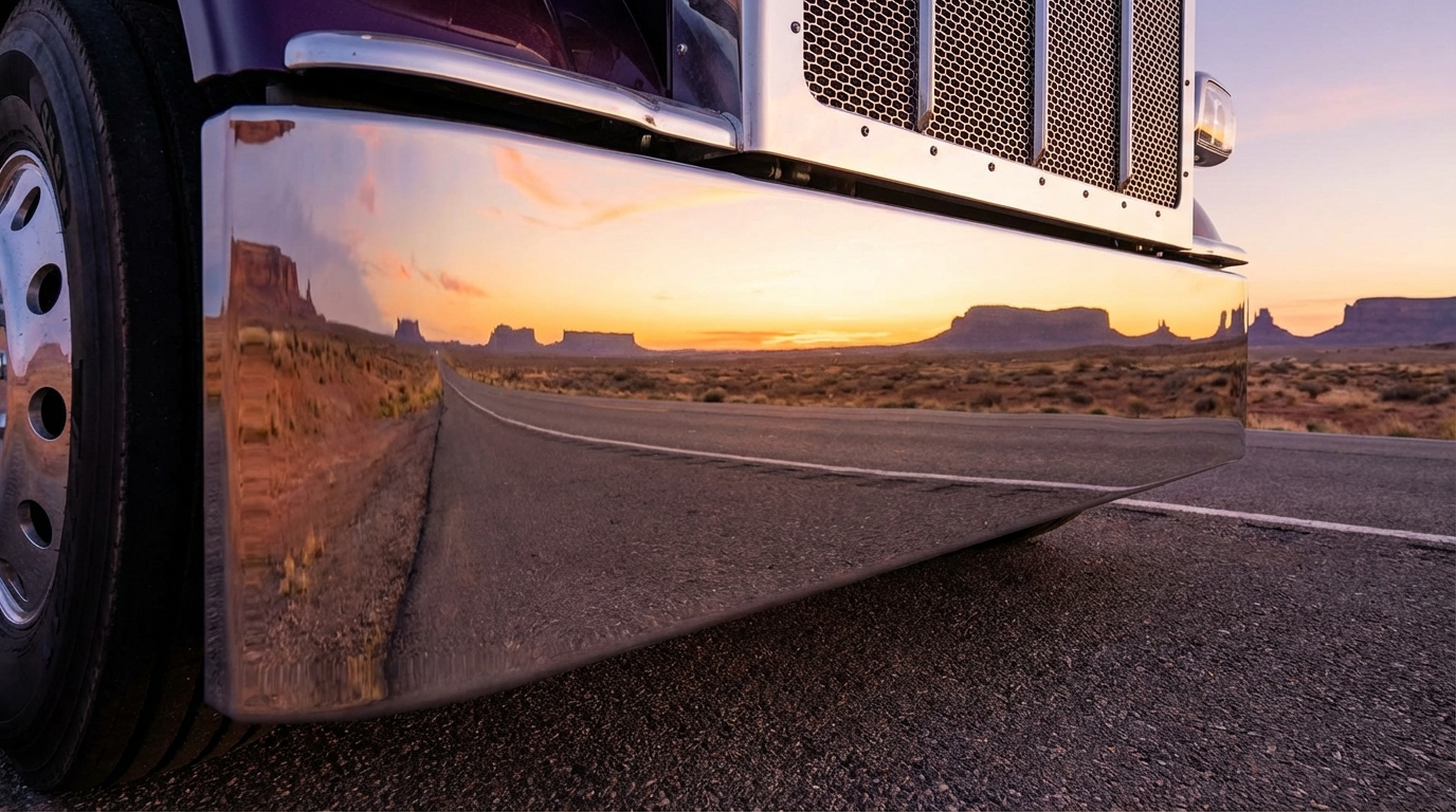 Semi truck bumper in desert sunset