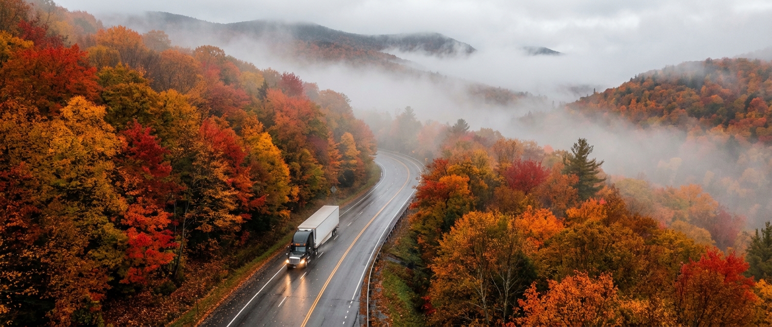 Semi truck driving on a winding highway through a foggy mountain forest