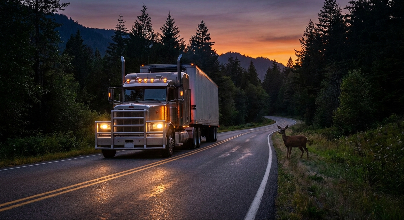 semi truck forest dusk deer