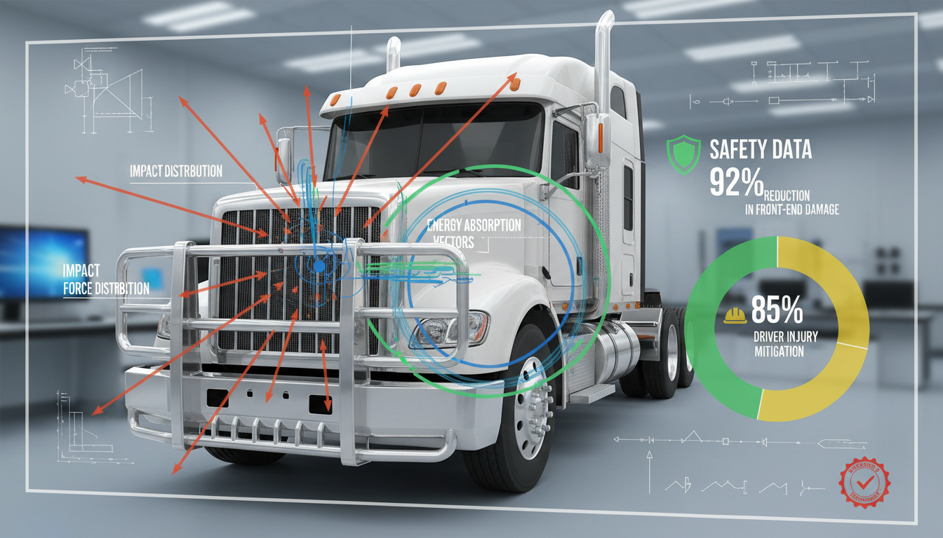 Heavy-duty semi truck in fog with a massive front-end guard showing safety in remote routes