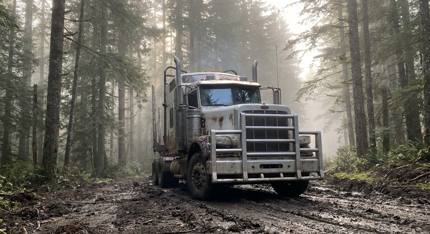 Semi truck navigating a muddy logging road in a dense forest with a grille guard