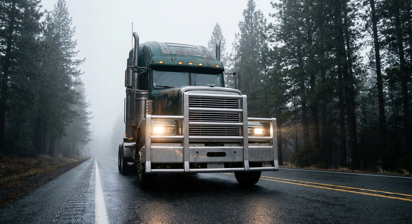 Semi truck with moose bumper on a foggy highway