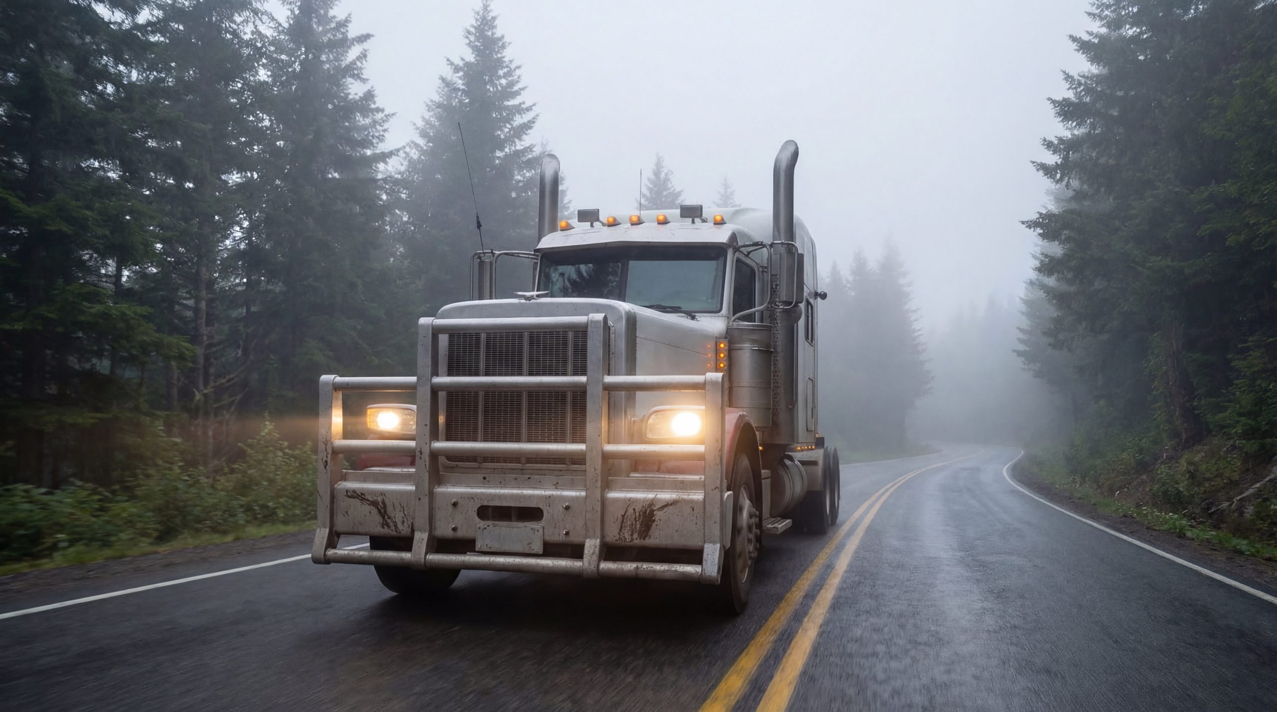 Semi truck driving on a mountain road with wildlife near the shoulder at sunset