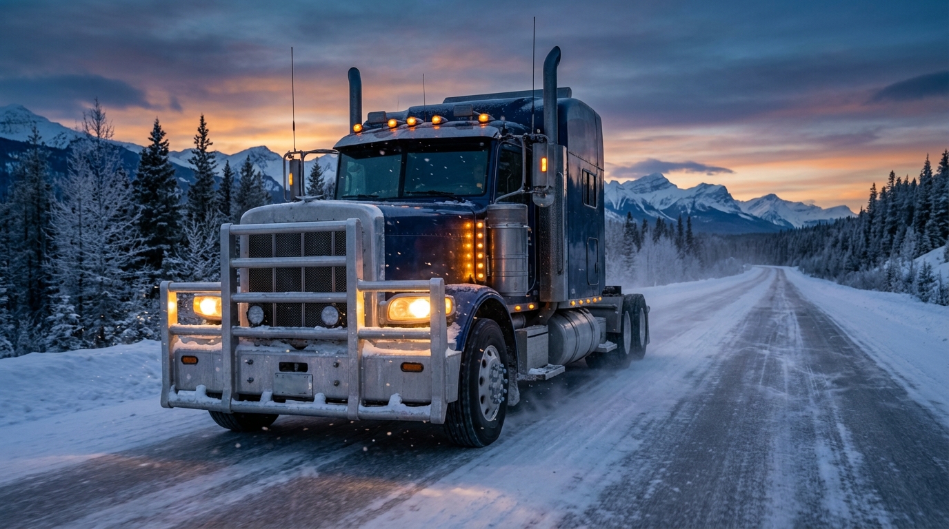 Heavy-duty semi-truck traveling through a dense, snowy pine forest at dusk