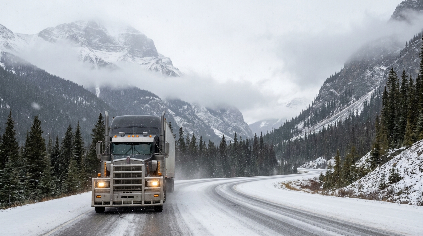 semi truck snowy mountain pass