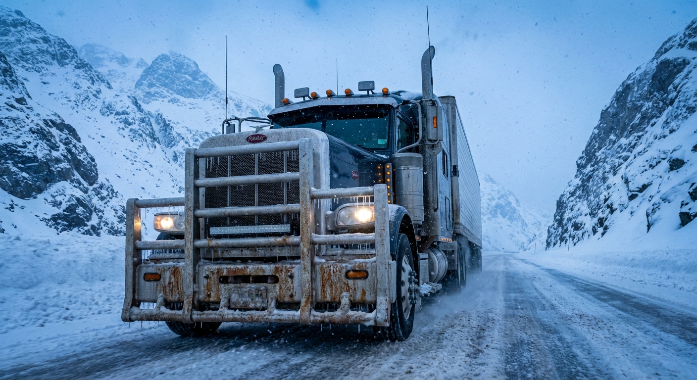 Semi truck driving through a snowy mountain pass with salt and slush on the road