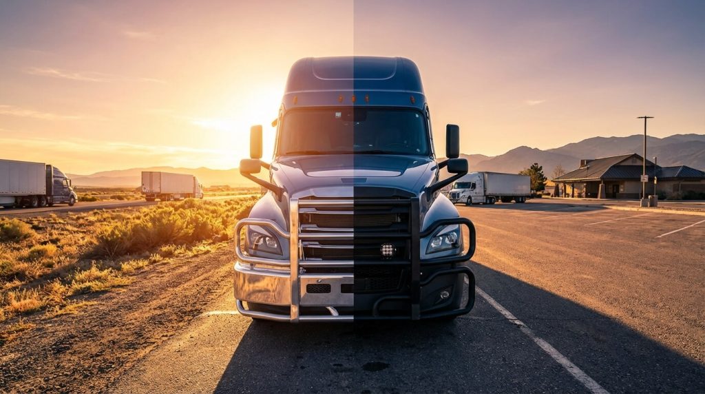 Steel vs aluminum semi truck bumper comparison on a Class 8 truck, showing split front view with polished aluminum guard and black steel grille guard in highway and parking lot setting at sunset