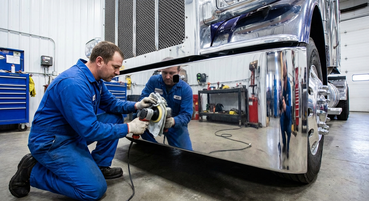 Technician polishing a semi truck aluminum bumper