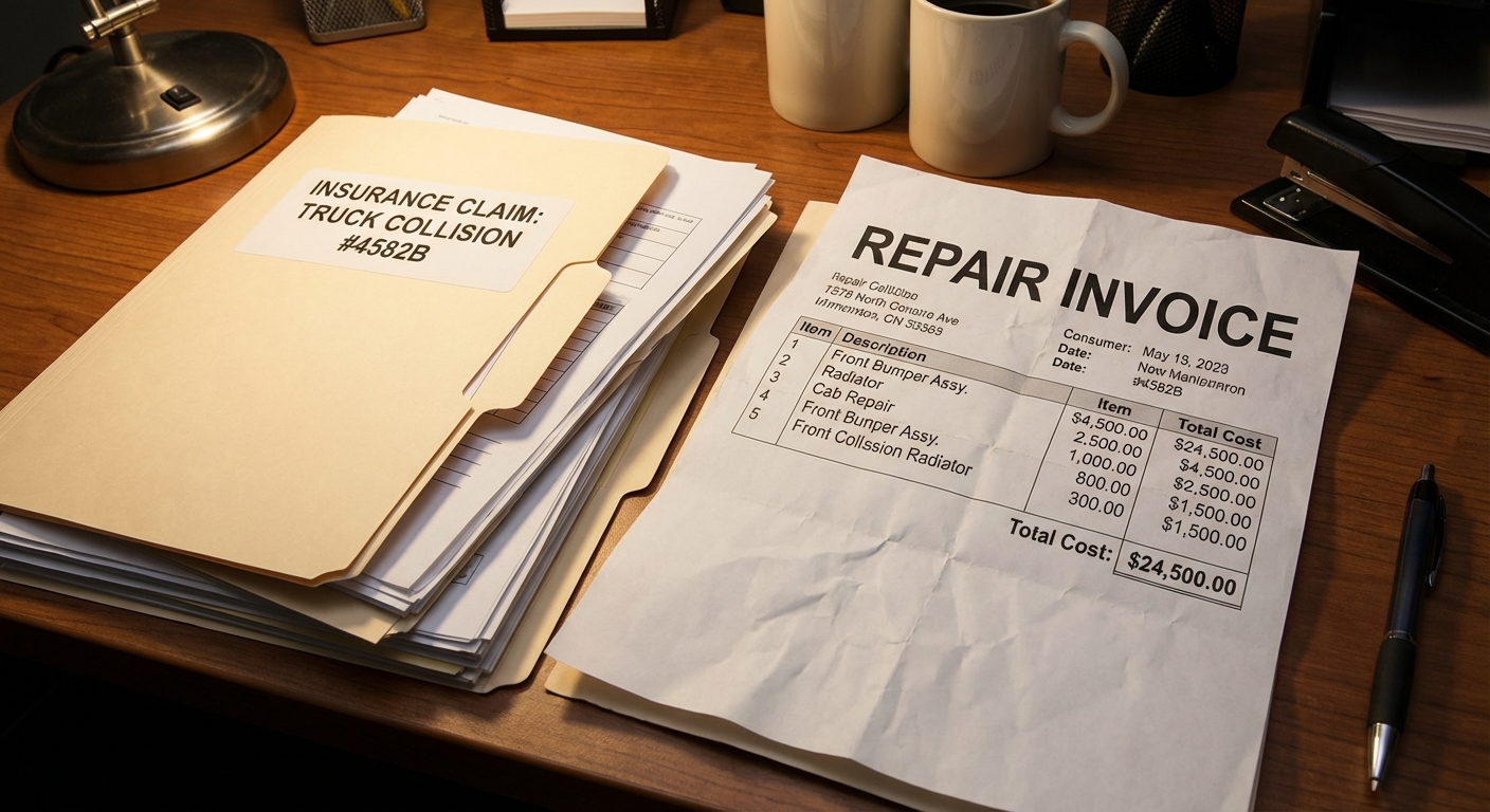A stack of insurance claim forms next to a high-priced repair invoice