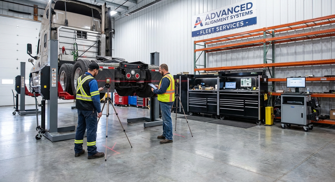 Mechanics using a laser alignment system to check a truck's frame