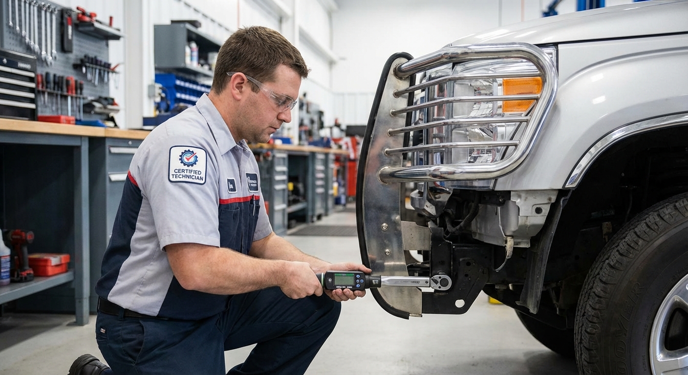 Technician installing a grille guard in a shop