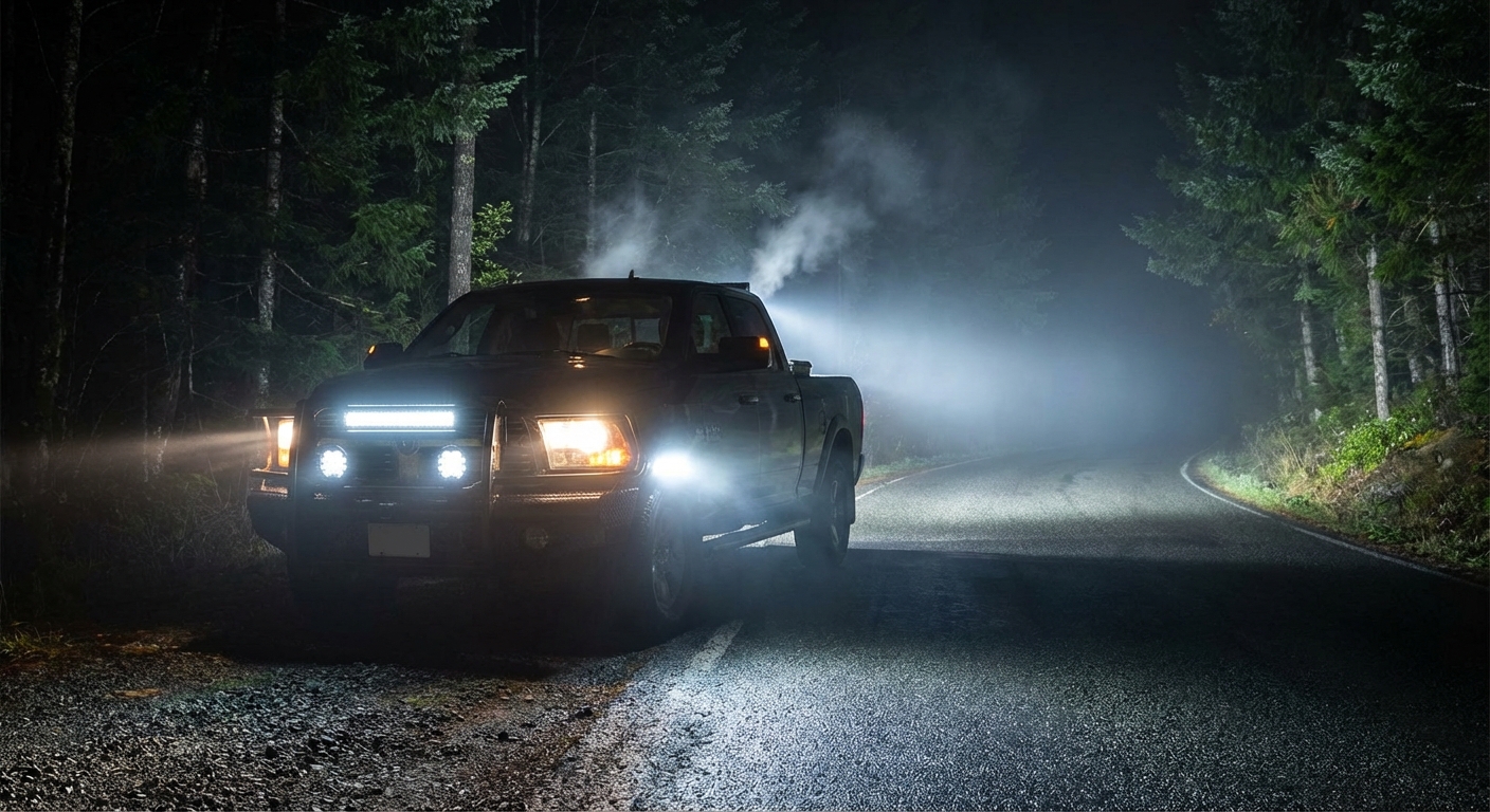 Semi truck with LED lights on a dark road