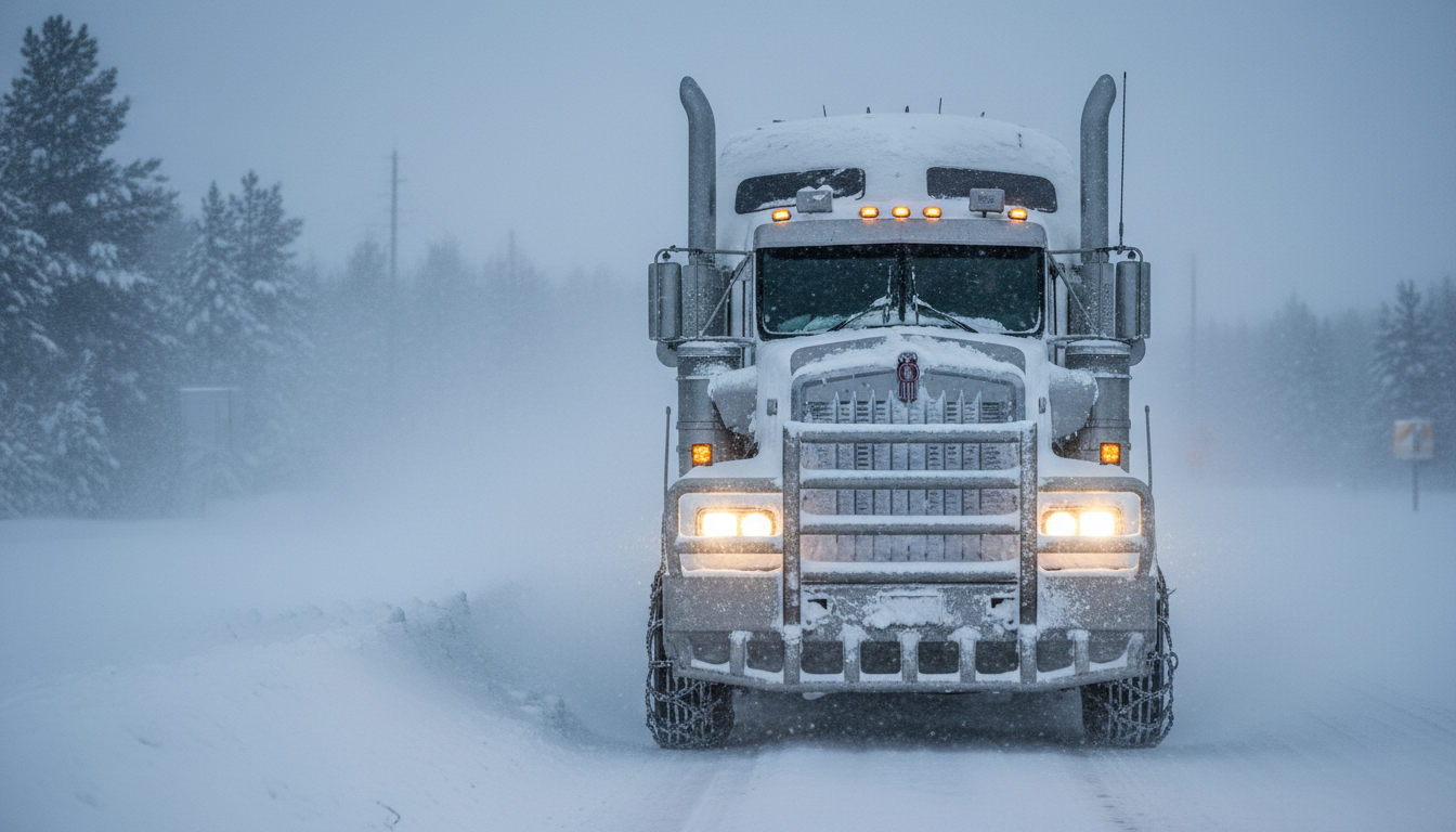 Semi truck driving through a heavy winter blizzard on a snow-covered highway
