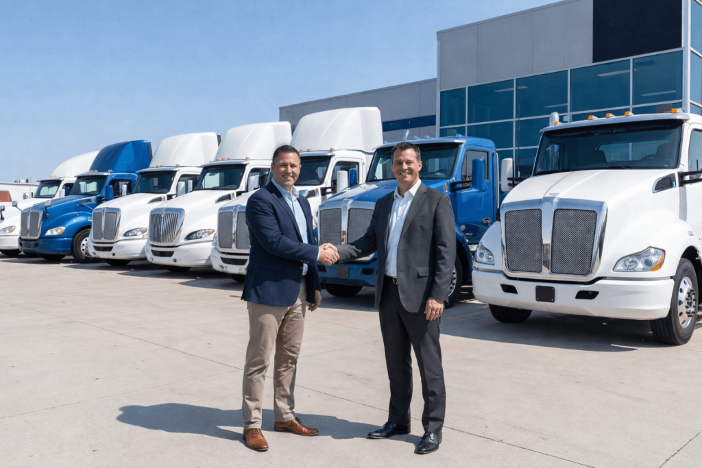 two business professionals shaking hands in front of a lineup of Class 8 semi trucks at a commercial fleet dealership