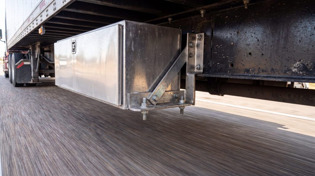 aluminum underbody semi truck tool box mounted on trailer frame with steel brackets and bolts for heavy duty storage and fleet use