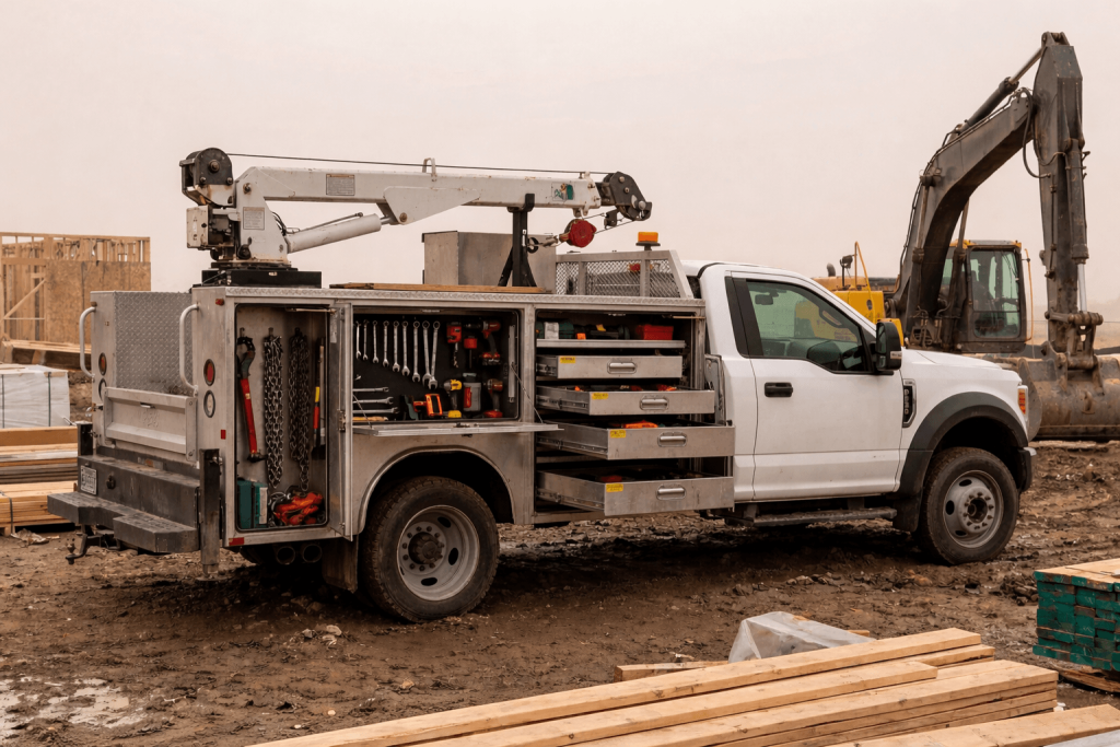 utility service truck body with slide-out drawers, tool compartments and crane mounted on work truck at construction site