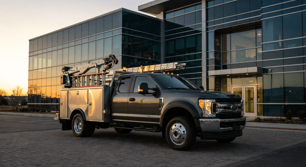 contractor truck body with service utility bed parked outside modern building, heavy duty work truck setup for fleet operations