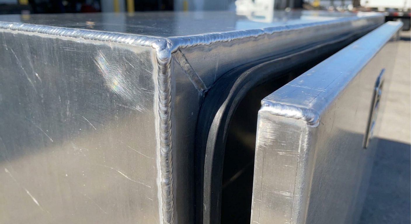 Close-up of a precision aluminum weld and door seal