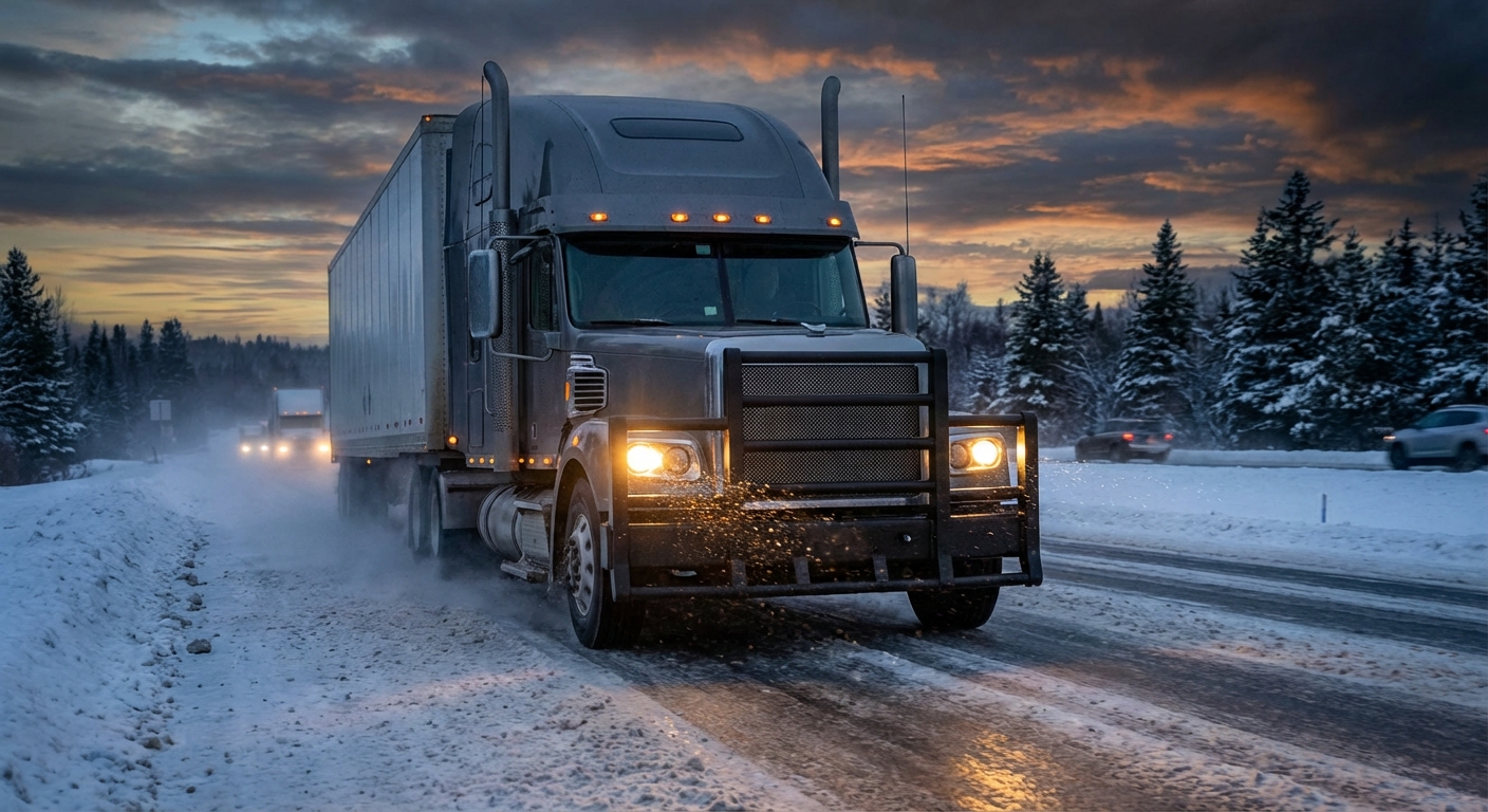Class 8 heavy-duty truck driving through a snowy, salted highway at dusk with a prominent e-coated bumper