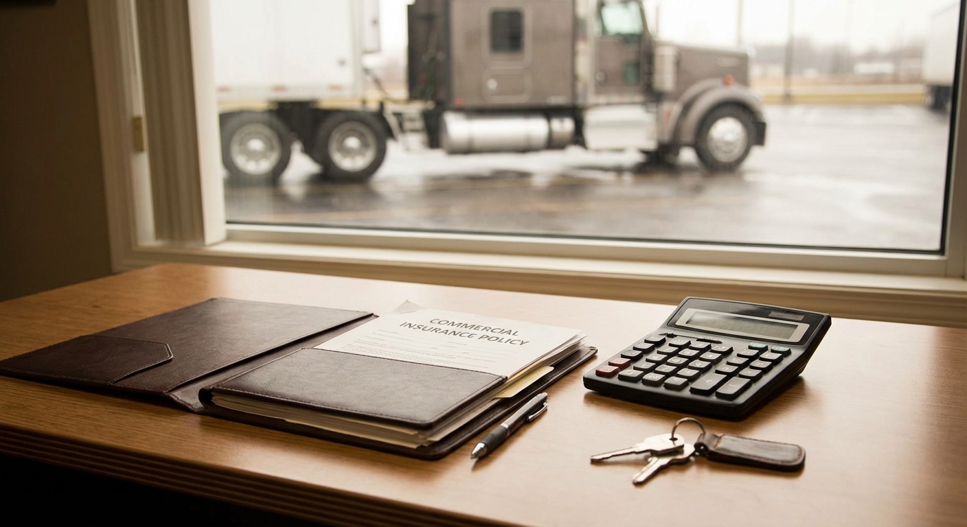 Insurance folder and calculator on a desk near truck keys