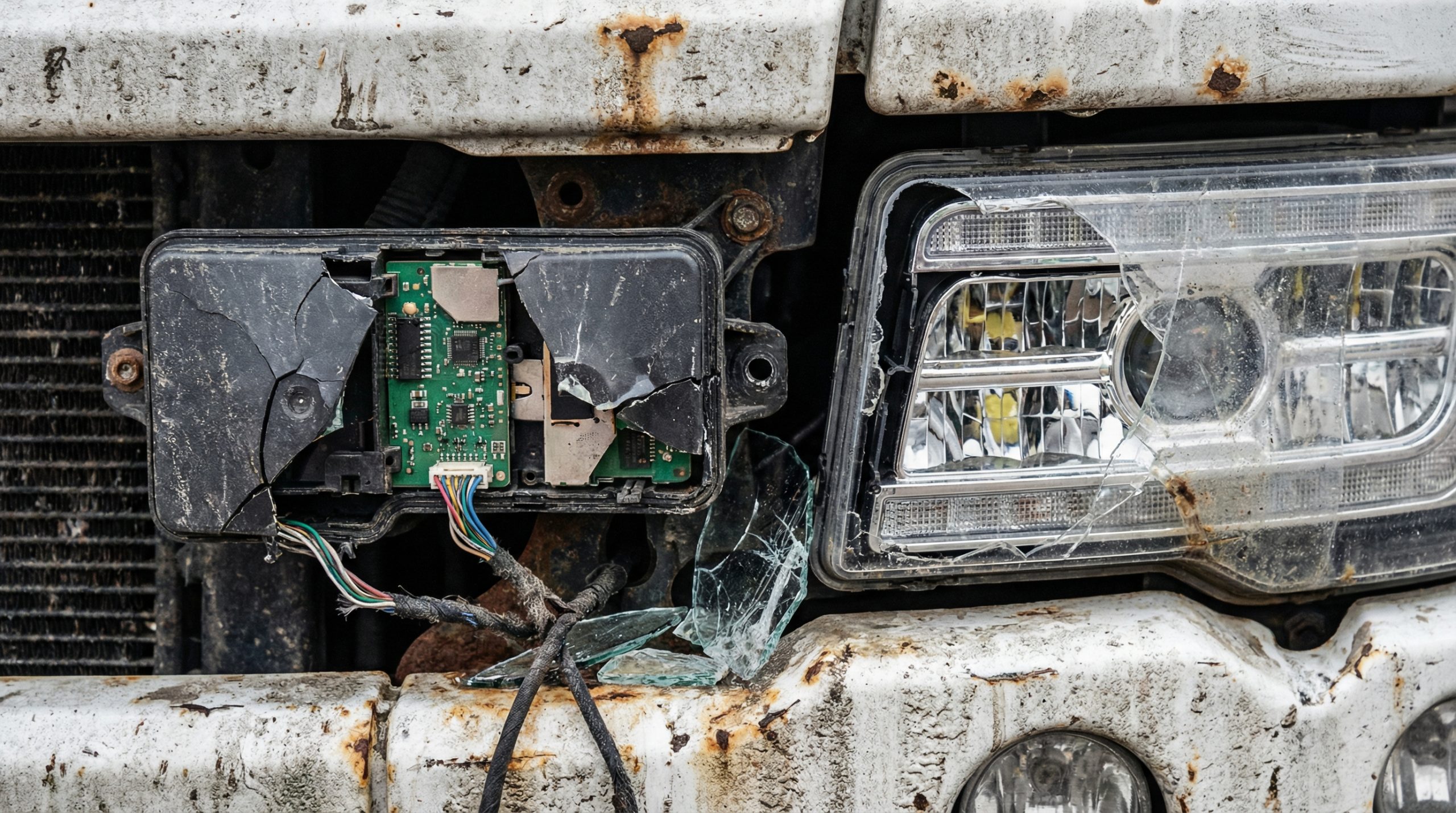 Damaged Semi Truck Radar Sensor and LED Headlight Assembly Macro Photography
