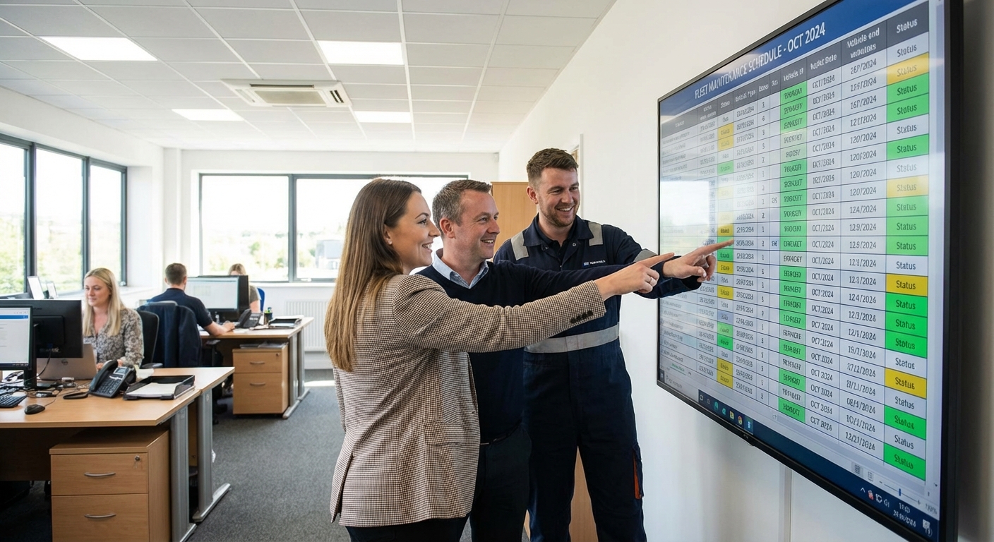 Fleet manager and technician reviewing a maintenance schedule