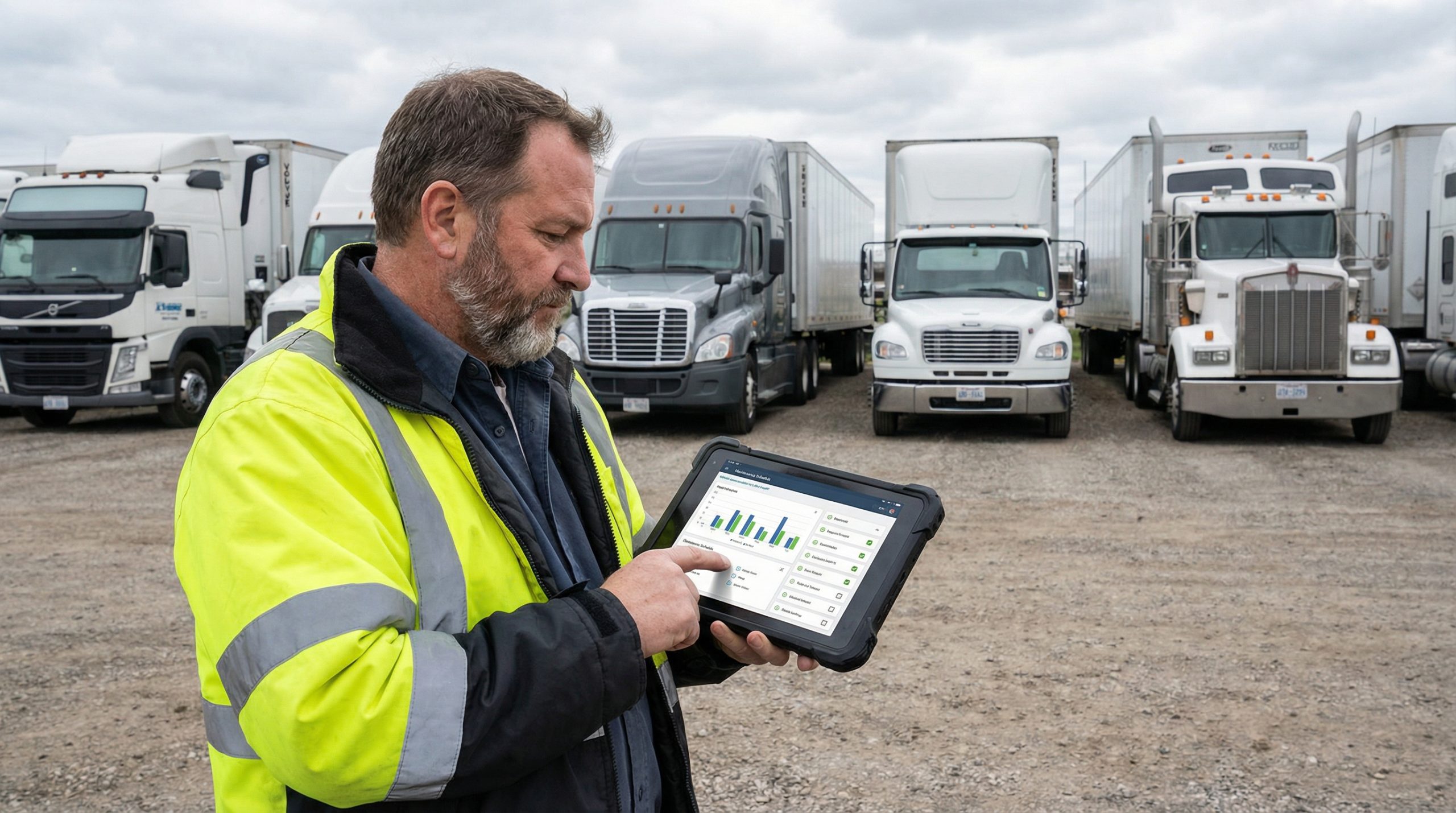 Fleet Manager Reviewing Maintenance Schedules on Digital Tablet
