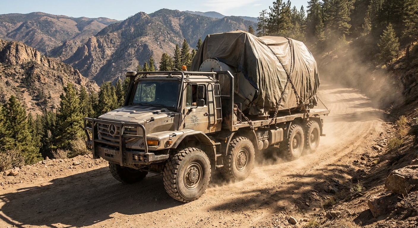 Photorealistic image of a heavy-duty truck with custom protection traveling on a steep, dusty mountain road with dense forest in the background.