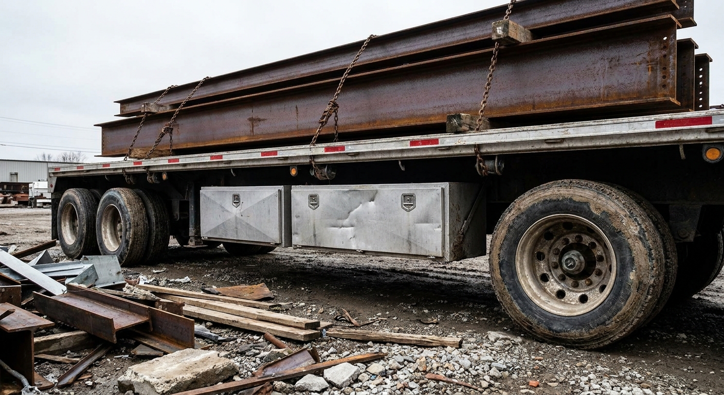 Toolboxes mounted under a flatbed trailer hauling steel