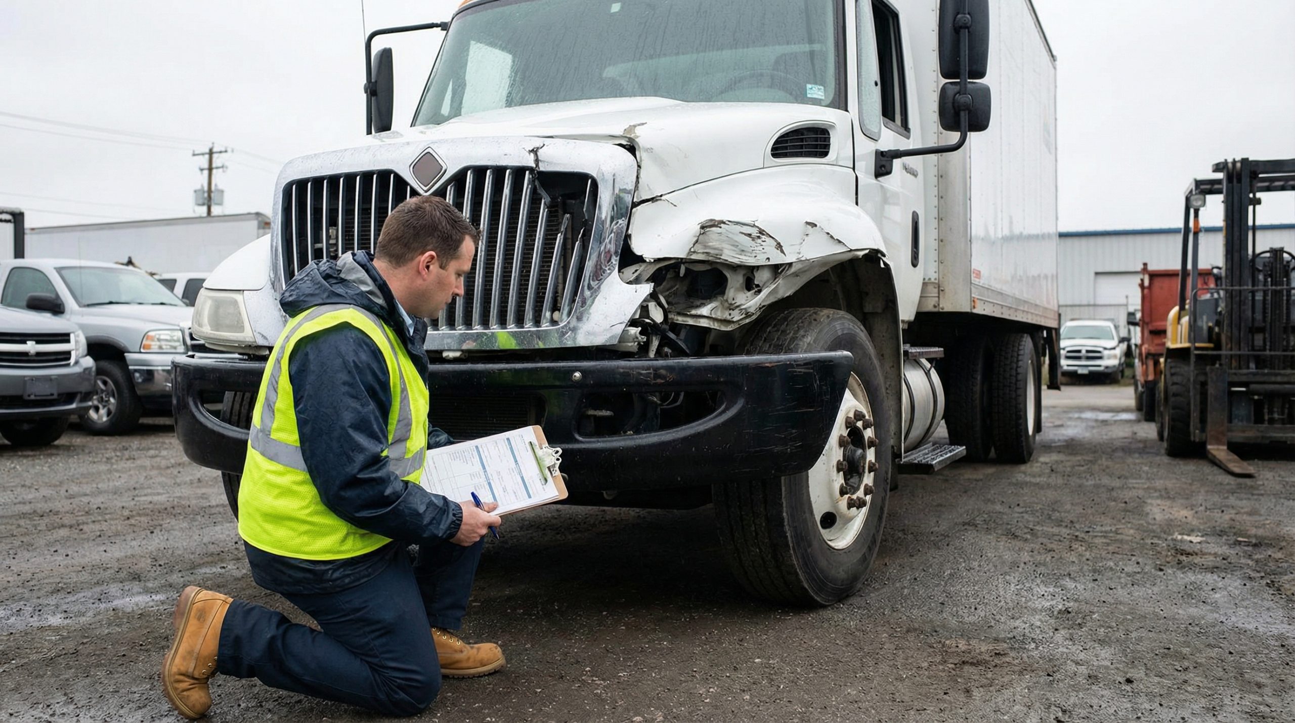 Professional Insurance Adjuster Inspecting Commercial Truck Damage