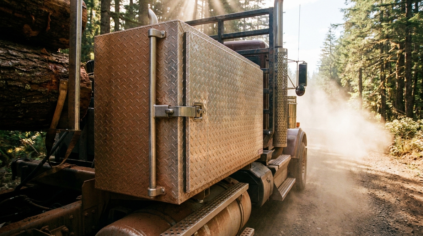 A logging truck on a dusty road with a side-mounted toolbox