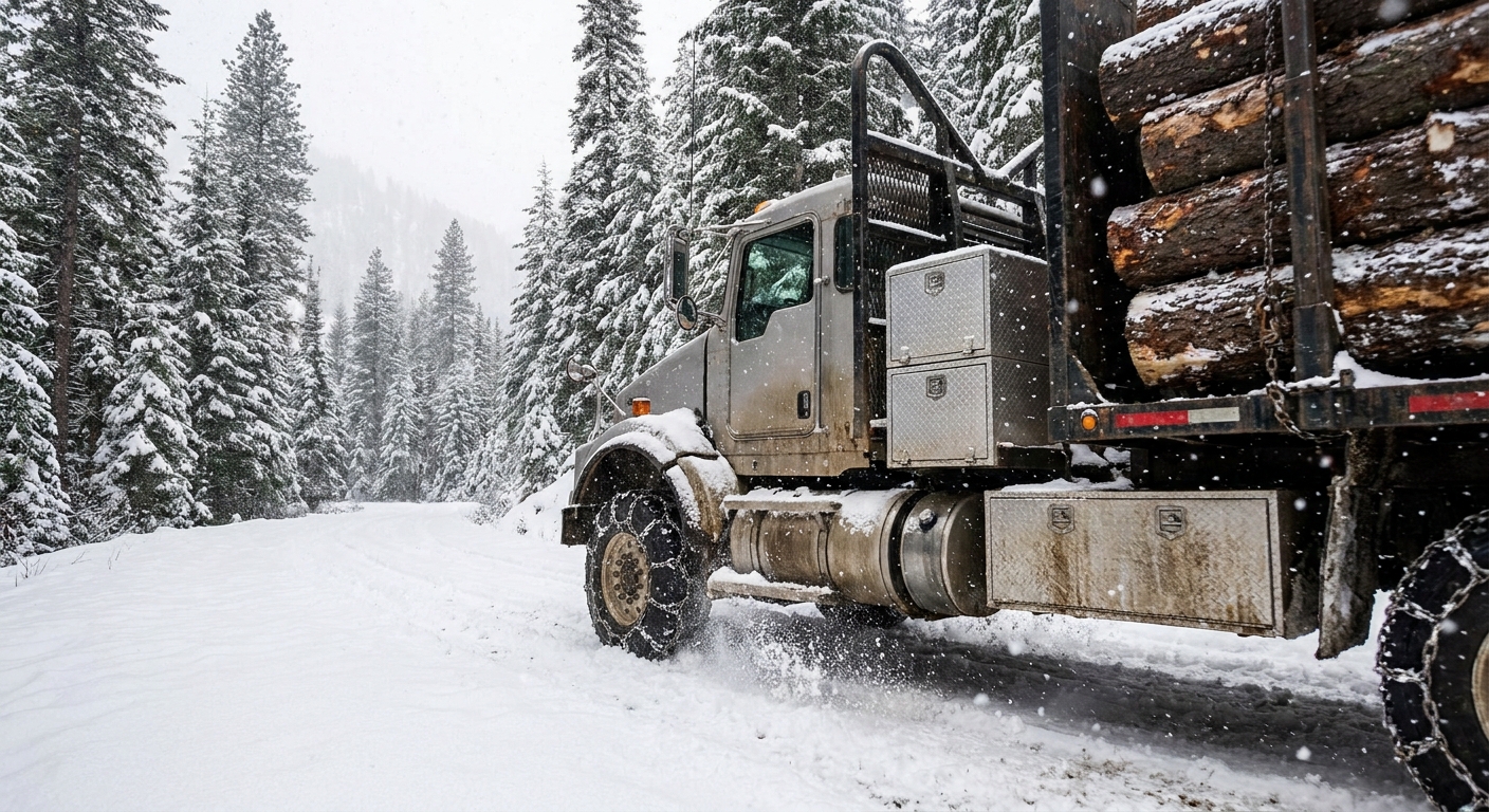 Logging truck with heavy-duty tool boxes on a snowy mountain route