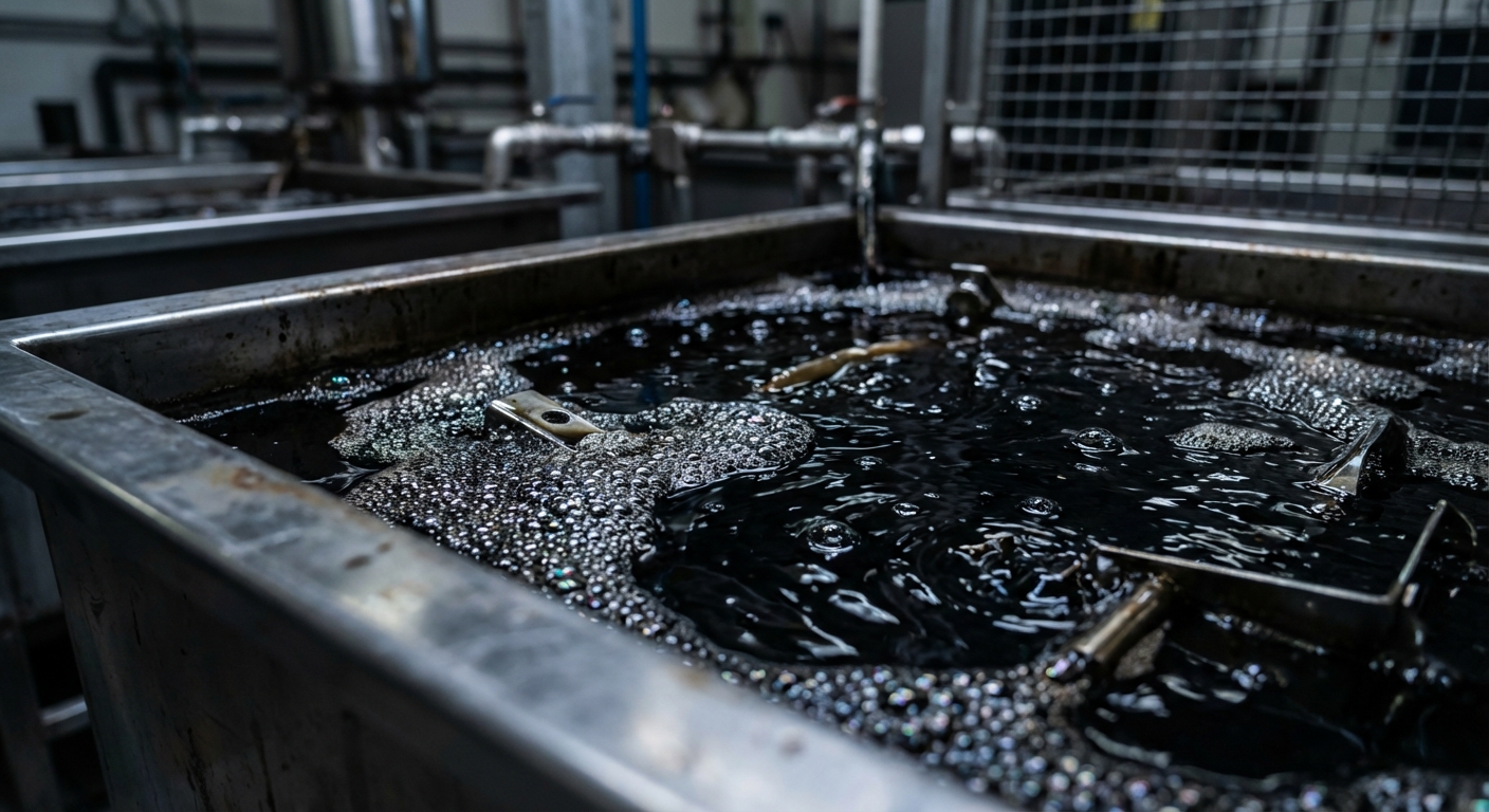 Photorealistic macro shot of a liquid e-coat bath surface with tiny bubbles and a deep black ink-like consistency