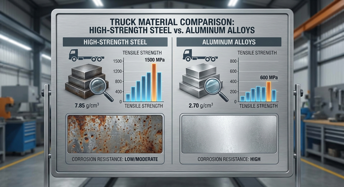 A technical infographic chart comparing the density, tensile strength, and corrosion resistance of high-strength steel vs. 6000-series aluminum alloys used in truck manufacturing.