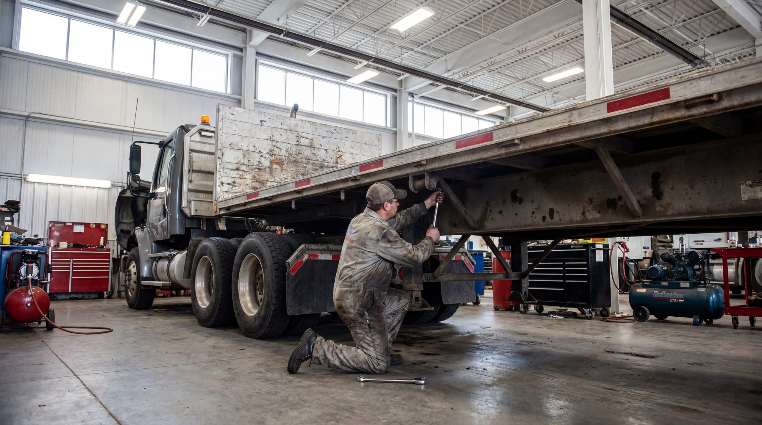 Mechanic flatbed trailer maintenance