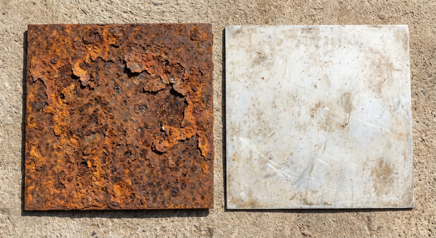 Photorealistic image comparing two metal panels side-by-side: one heavily rusted steel plate with flaking orange scales and one weathered but structurally sound aluminum plate.