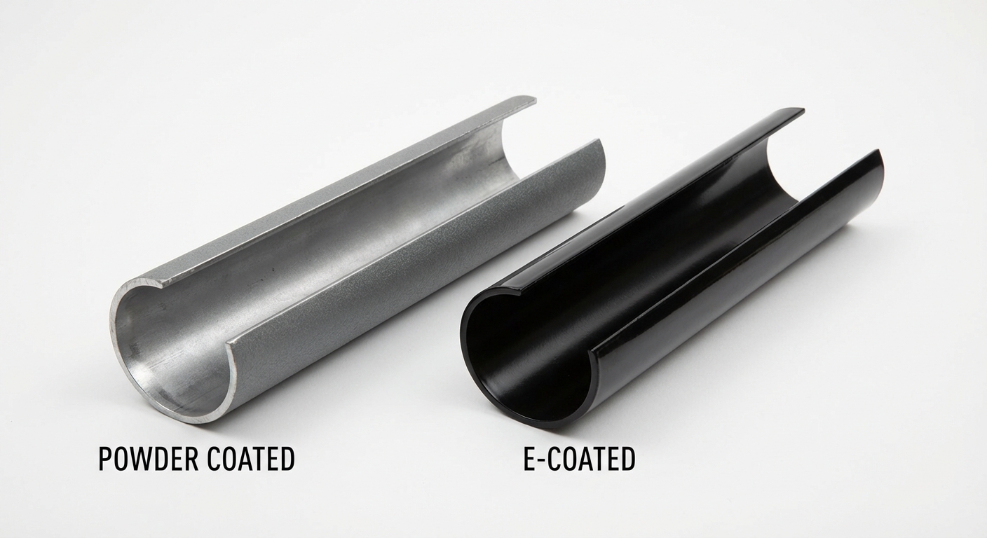 Side-by-side comparison of two metal tubes; powder coated is bare inside, e-coated is black inside