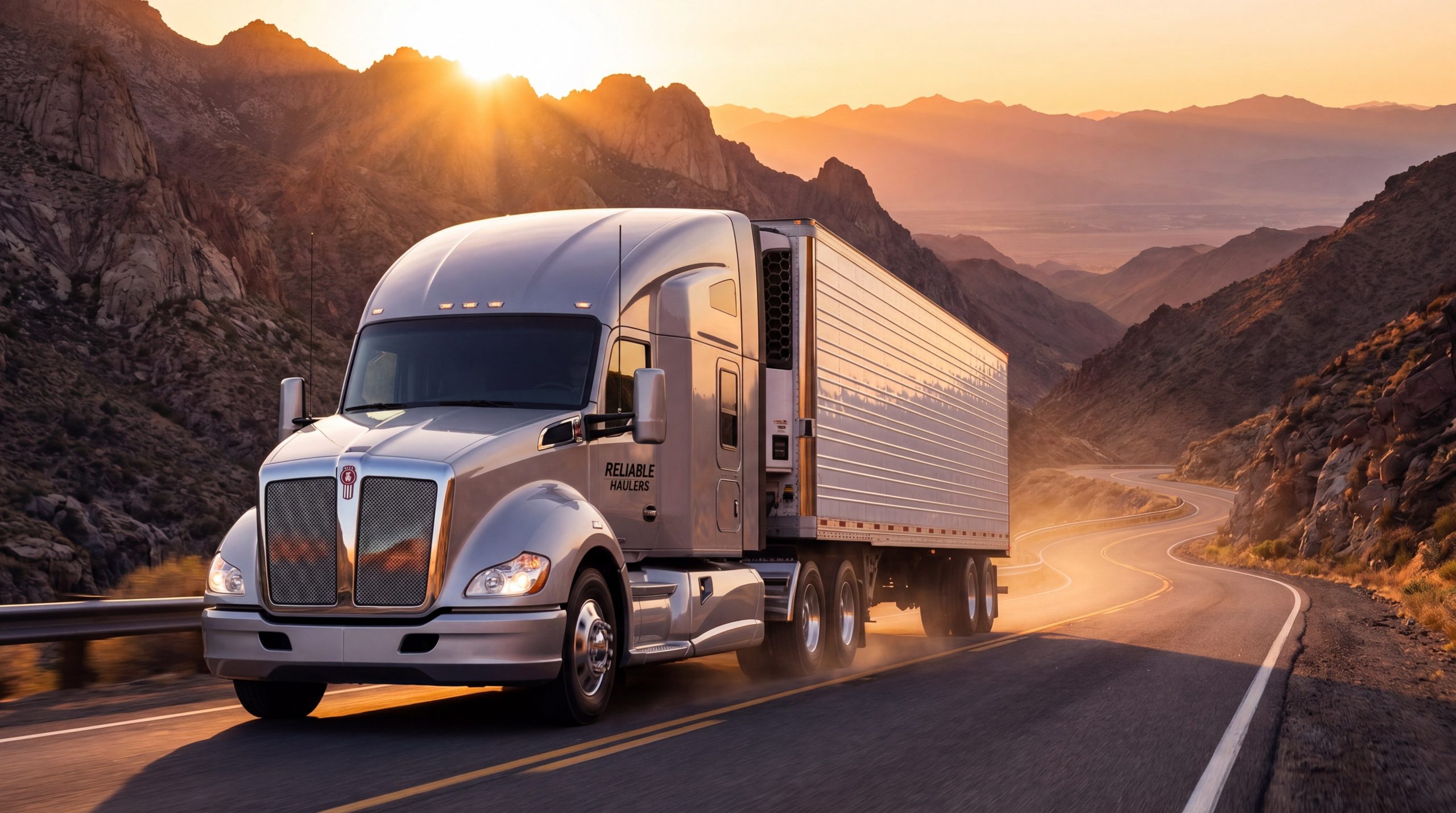 mountain pass semi truck sunset