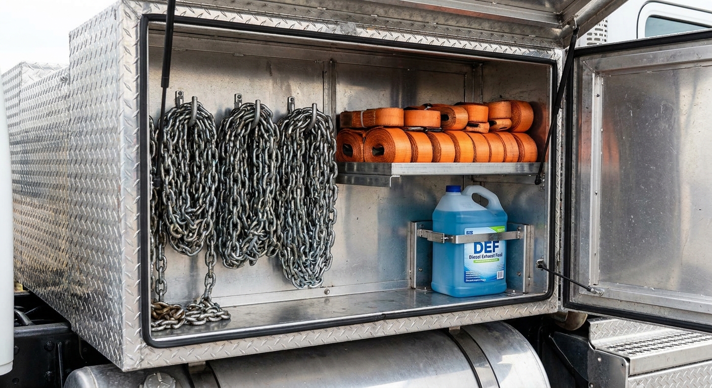Interior of a toolbox showing chains, straps, and fluids