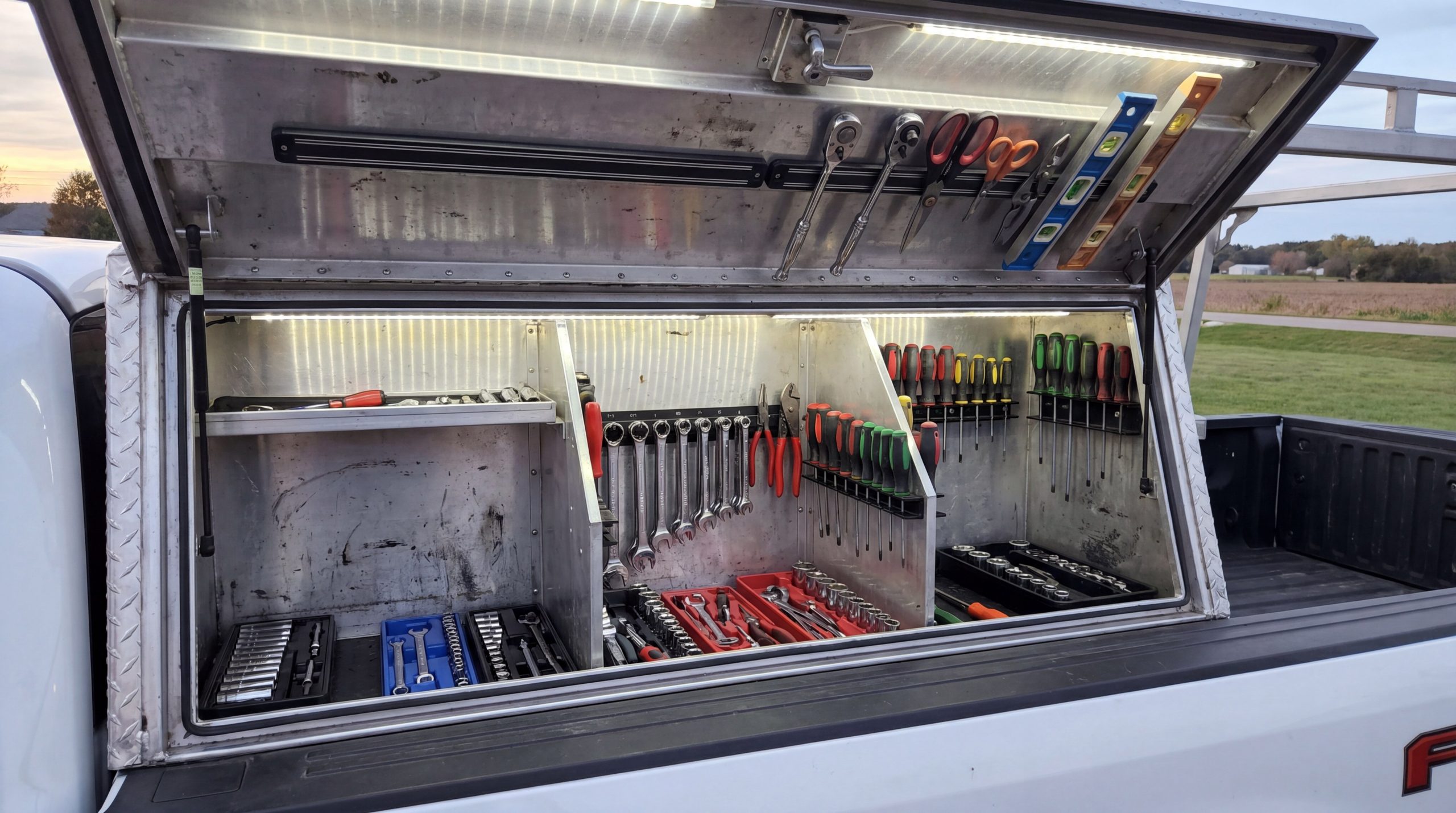organized truck toolbox interior
