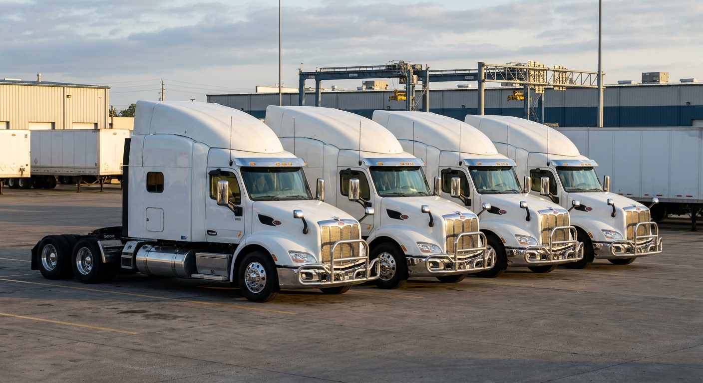 A row of Peterbilt trucks equipped with matching toolboxes