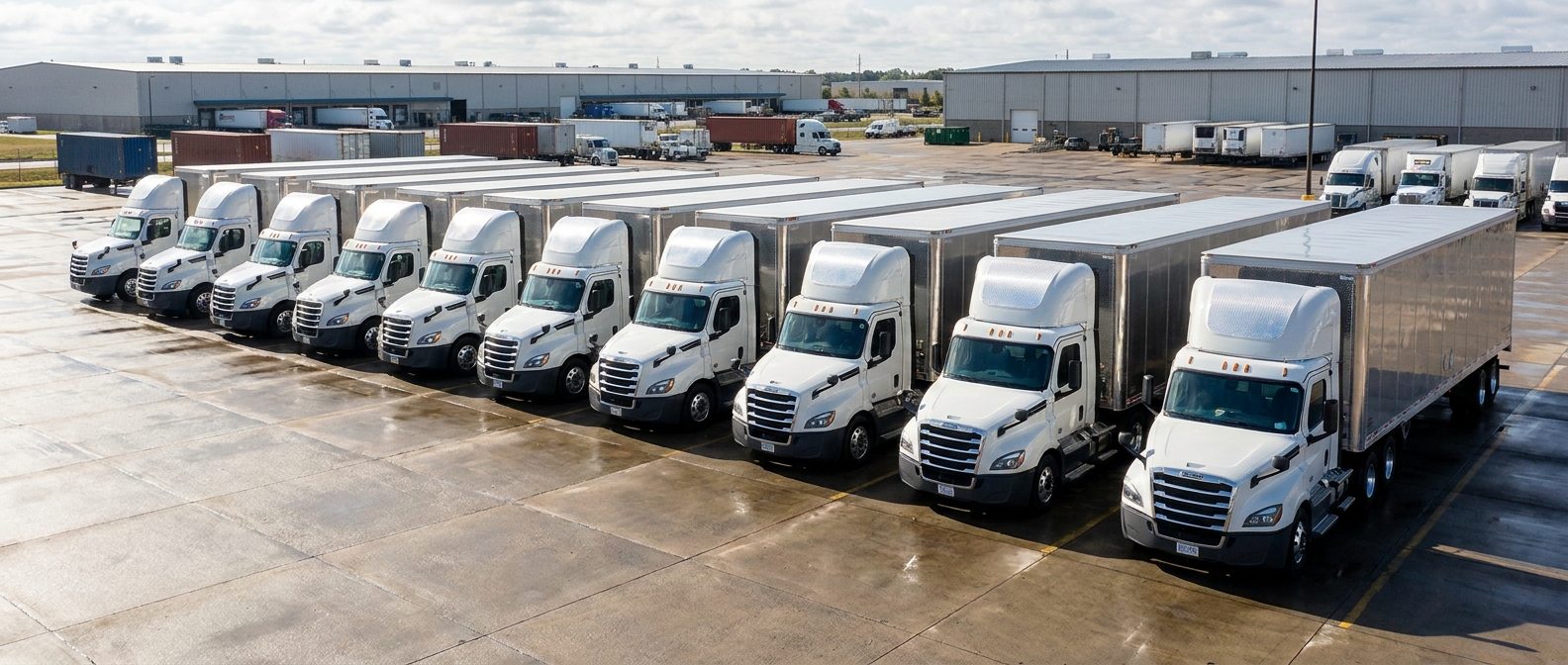Fleet of semi trucks at a logistics hub showing standardized equipment